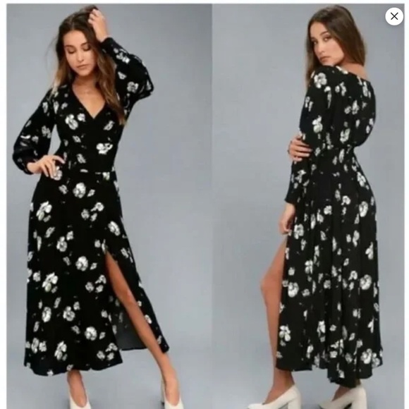 Free People Dark Floral Wrap Midi Dress M So Sweetly Balloon Sleeve Boho Witchy - Picture 3 of 14